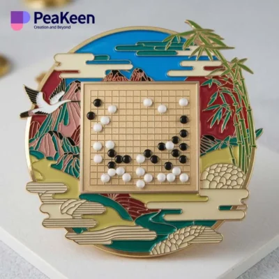 Custom go game pin featuring a bird design alongside a classic board game layout.