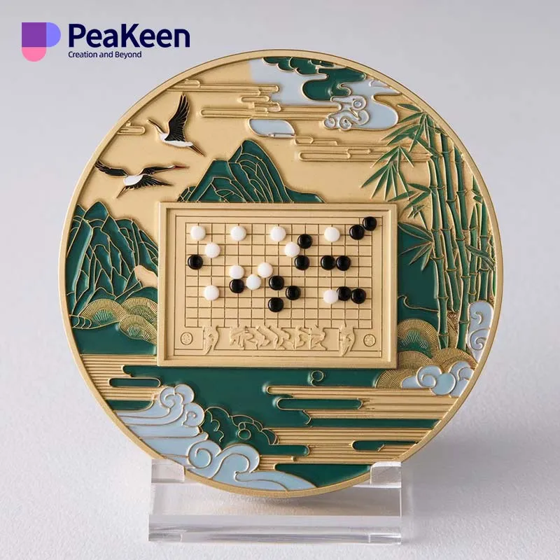 A gold and green coin featuring a board game design, representing custom Go game medals.