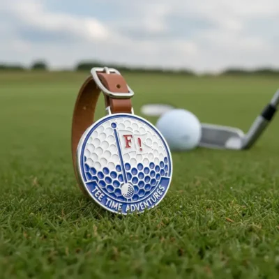 A golf ball and club resting on green grass, with golf bag tags visible in the background.