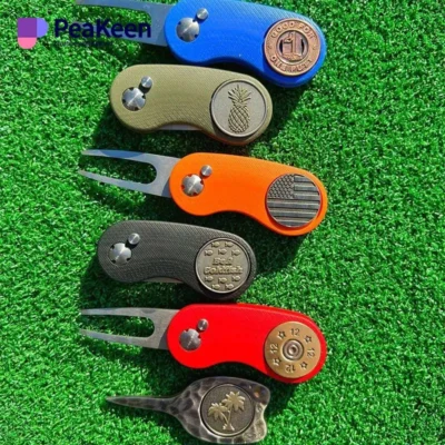 A set of four colorful golf clubs arranged with a knife and a golf marker, showcasing vibrant hues and unique designs.