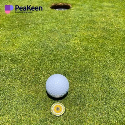 A golf ball resting on the green, marked by a golf marker, ready for the next shot on the course.