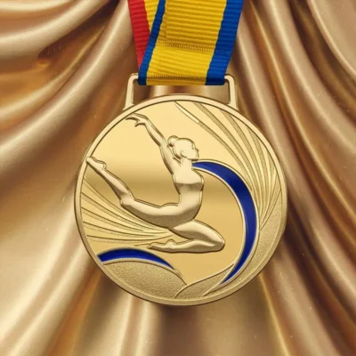 A custom gymnastics medal depicting a woman in mid-air, symbolizing achievement and athleticism.