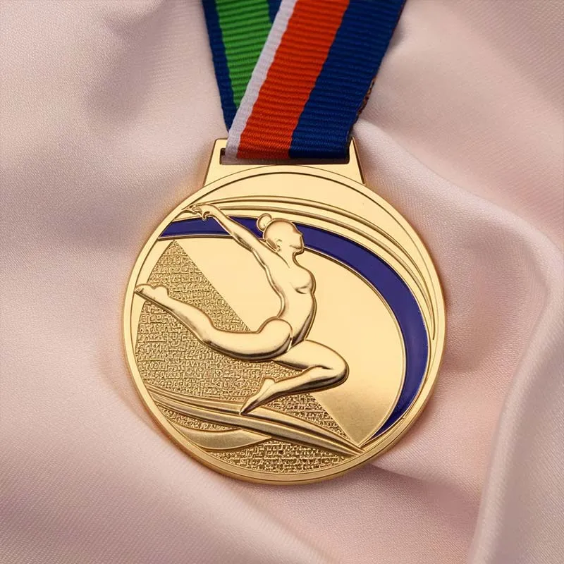 Gold medal featuring a female gymnast, symbolizing achievement in gymnastics competitions.