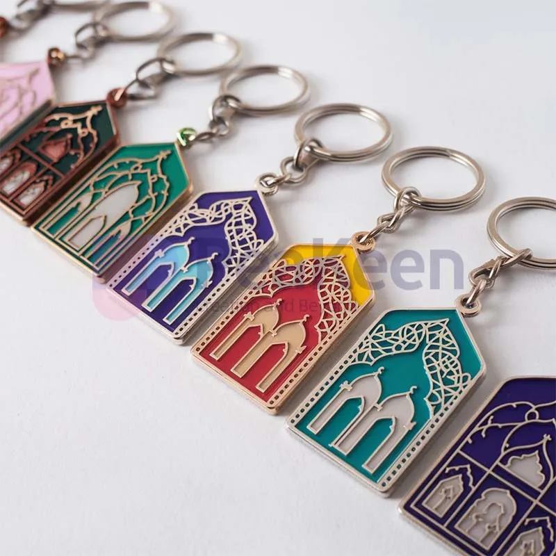 Custom mosque keychain in blue and gold, showcasing a stylish and meaningful design for personal use or gifting.