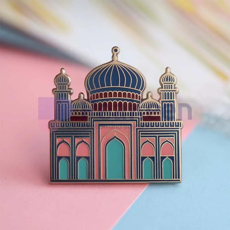 A colorful enamel pin depicting a mosque, symbolizing faith and culture. Ideal for personal or gift use. Custom Mosque Pin.