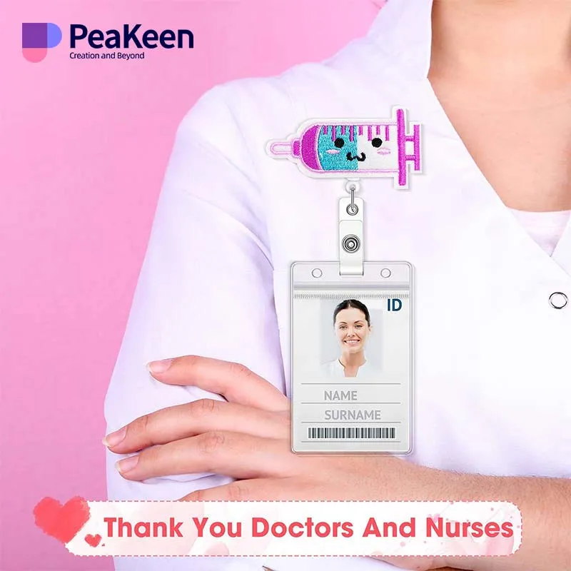 A collection of nurse badge reels featuring messages of gratitude for doctors and nurses.