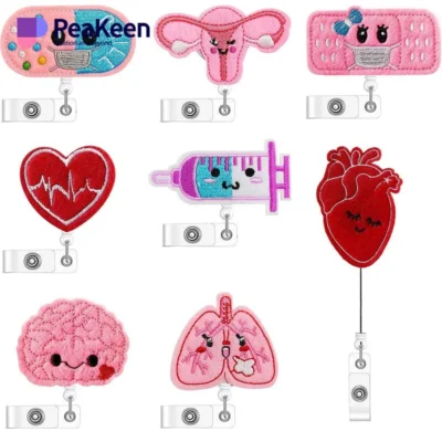 A collection of embroidered nurse badge reels featuring various colorful designs and intricate patterns.