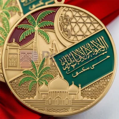 A custom gold medal featuring the name of Saudi Arabia prominently displayed on its surface.