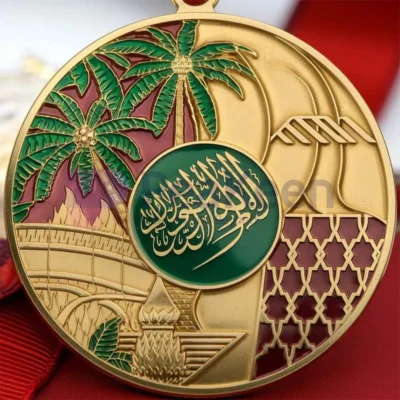 A gold medal featuring Arabic writing, symbolizing achievement, customized for Saudi Arabia.