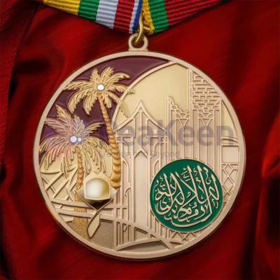 Gold medal featuring a palm tree and mosque, symbolizing achievement in Saudi Arabia.