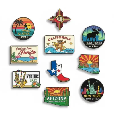 A collection of state fridge magnets showcasing various states and their iconic landmarks.