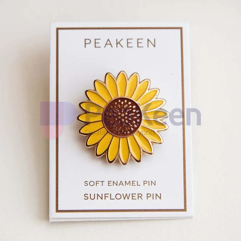 Custom sunflower pin featuring a vibrant design, perfect for adding a touch of nature-inspired charm to any outfit.