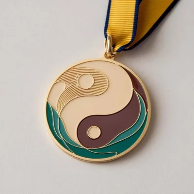 Medaglia di scherma personalizzata con il simbolo dello yin, con un design d'effetto in oro e blu.