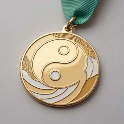 Una medaglia d'oro con il simbolo dello yin, pensata per le premiazioni personalizzate di scherma, per mostrare l'eleganza e l'equilibrio nello sport.