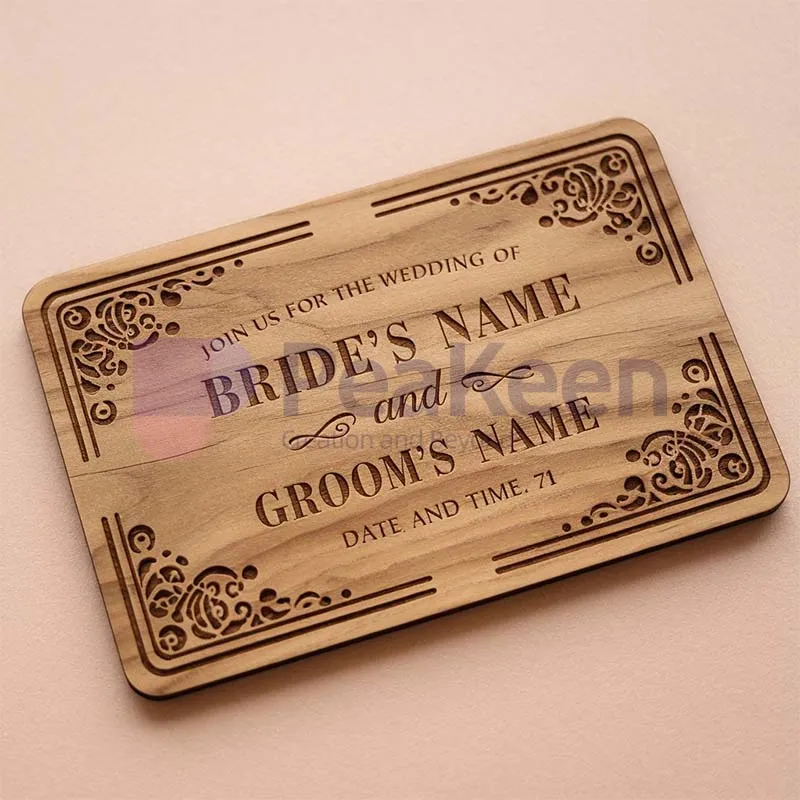 Custom wood invitation coaster, elegantly laser engraved, showcasing a unique and memorable design for special occasions.