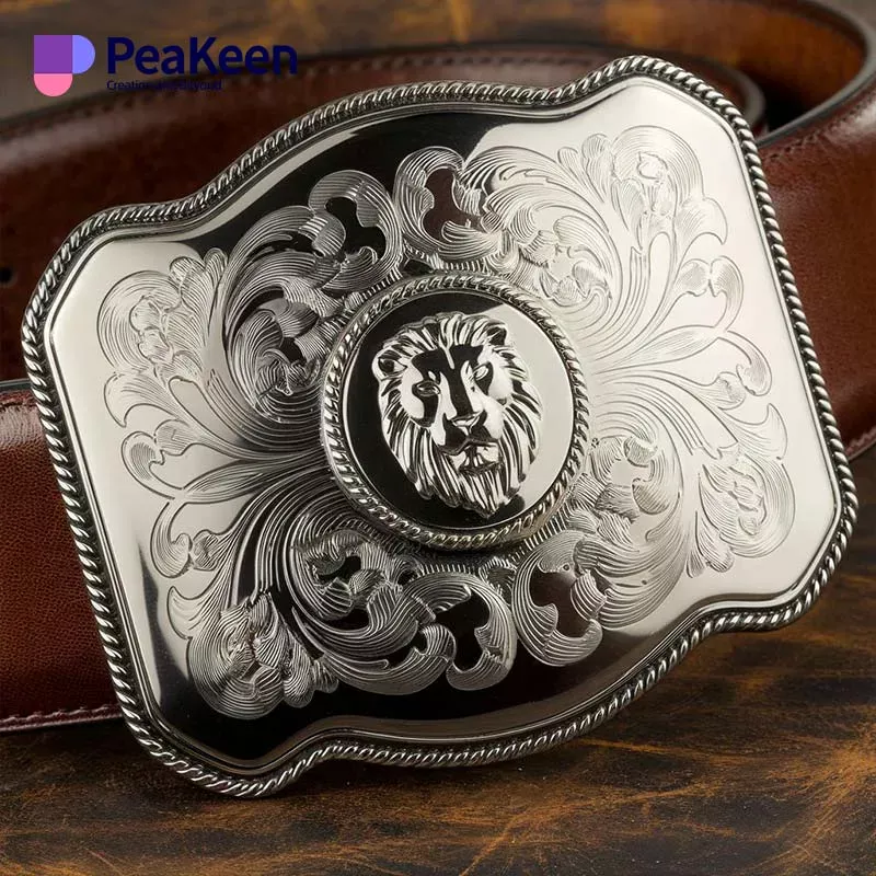 Silver buckle featuring a lion design, perfect for engraved buckle belts, showcasing elegance and craftsmanship.