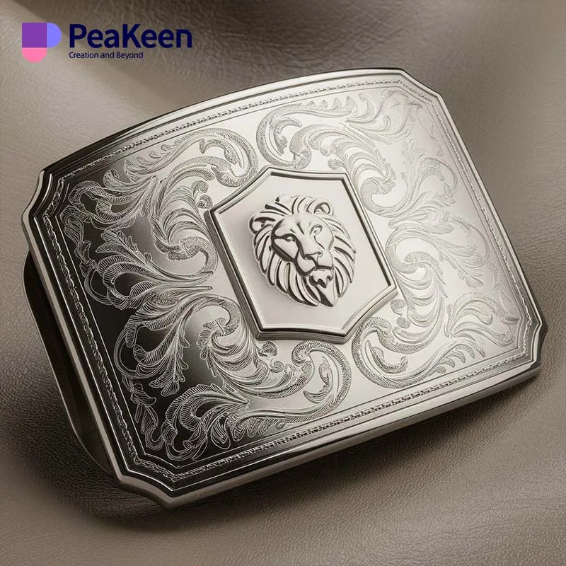 Silver belt buckle featuring an intricate lion design, perfect for engraved buckle belts.