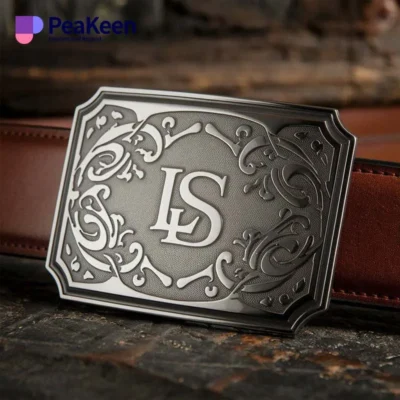 Engraved belt buckle featuring the letter 'Ls', showcasing a stylish and personalized accessory.