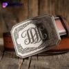 Personalized belt featuring an engraved buckle with the initials "mj" for a unique and stylish accessory.