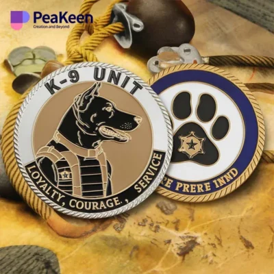 K9 unit badge and coin displayed together, symbolizing dedication and service in canine law enforcement.