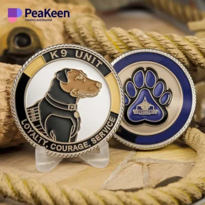 K9 unit coin placed beside a rope, showcasing the emblem of canine law enforcement and teamwork.