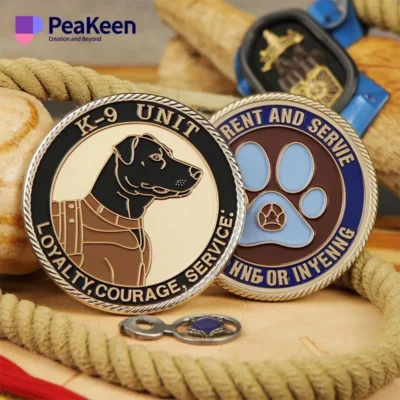 K9 unit and service dog coin featuring a detailed design representing canine service and dedication.