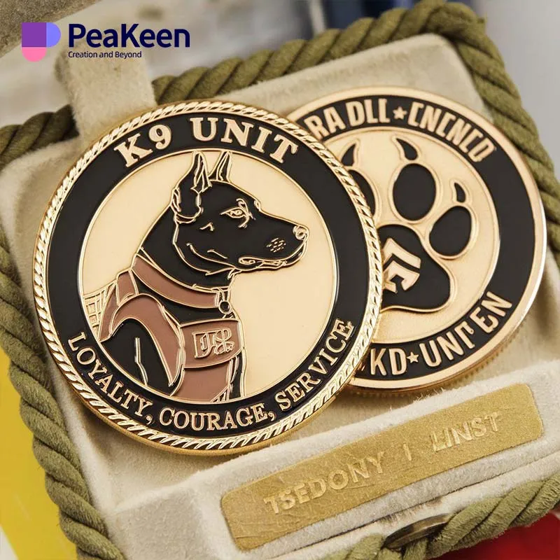 A K9 unit coin featuring a detailed image of a dog, symbolizing loyalty and service in law enforcement.