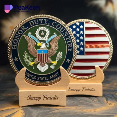 Customized wood plaque featuring the US flag and US Army emblem, ideal for displaying military challenge coins.