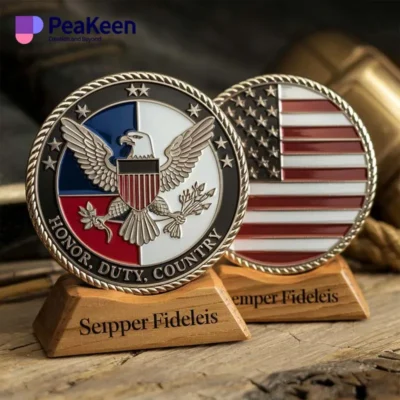 A wooden stand featuring two American flags alongside a military challenge coin, representing national pride and service.