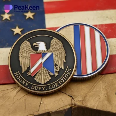 Various US Army challenge coins arranged, symbolizing honor and service within the military community.