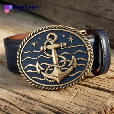 A navy belt featuring a gold buckle shaped like an anchor, combining style and nautical charm.