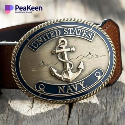 A detailed navy belt buckle featuring the iconic United States Navy anchor design, symbolizing maritime heritage.