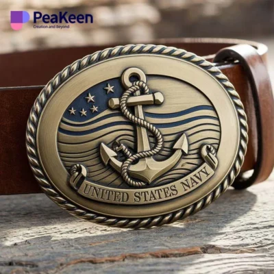 Brass navy belt buckle featuring an anchor design and a flag emblem, showcasing maritime pride and craftsmanship.