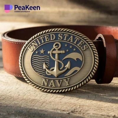 A detailed belt buckle featuring the United States Navy logo, showcasing pride and service in a stylish accessory.