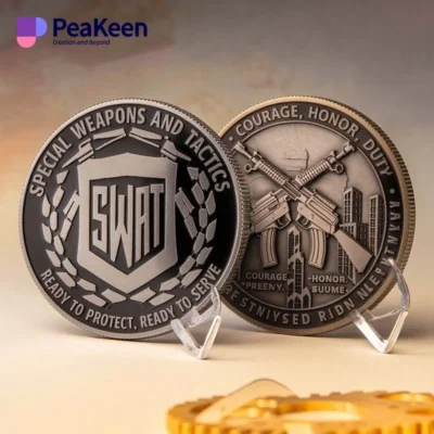 Two SWAT challenge coins featuring the words "Special Weapons and Tactics" prominently displayed.