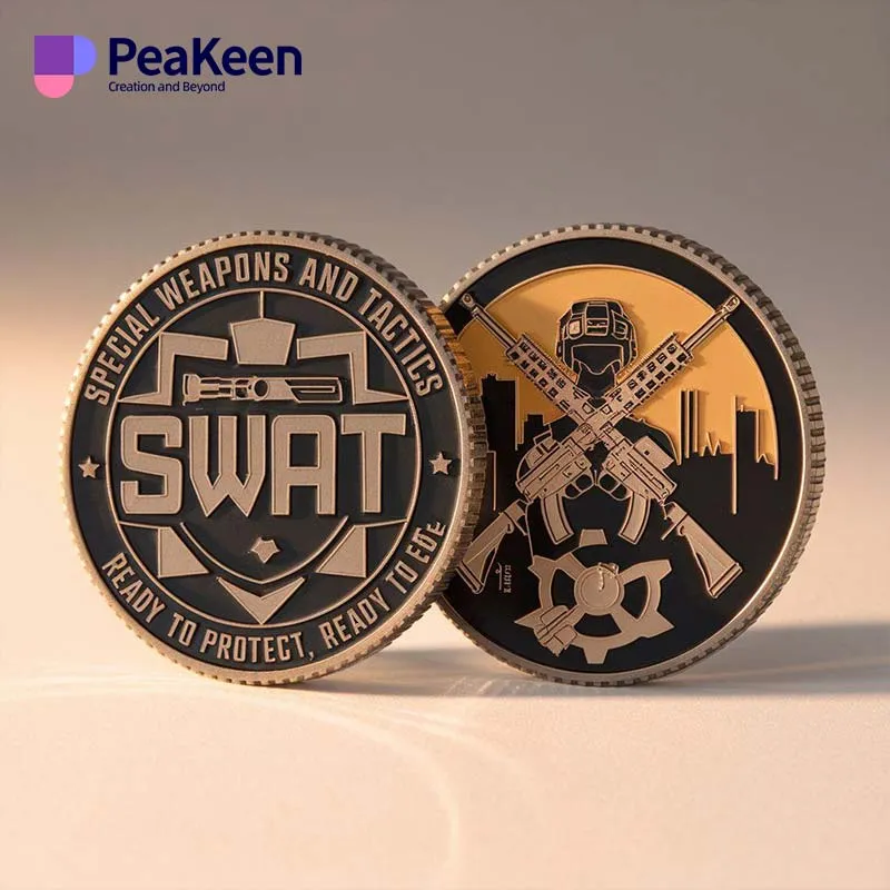 Two SWAT challenge coins featuring the word "SWAT" prominently displayed on their surfaces.