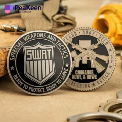 A SWAT challenge coin displaying a tactical knife and gun, representing the dedication and bravery of law enforcement officers.