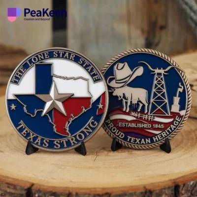 Texas state flag design on a challenge coin, symbolizing pride and heritage of Texas.