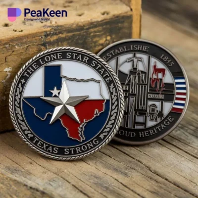 Texas Strong challenge coin resting on a wooden surface, showcasing its detailed design and craftsmanship.