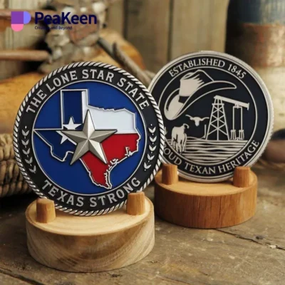 Texas state flag and outline displayed alongside a Texas challenge coin, symbolizing state pride and heritage.