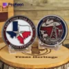 Texas state flag and outline displayed alongside a Texas challenge coin, symbolizing state pride and heritage.