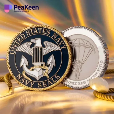 US Navy SEAL challenge coin displayed on a gold chain, symbolizing honor and commitment to service.