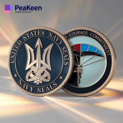 US Navy SEAL challenge coin featuring the emblem and motto, symbolizing honor and commitment to service.