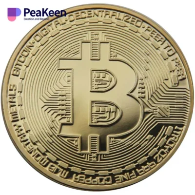 A physical bitcoin coin featuring the word "peakeen" prominently displayed on its surface.