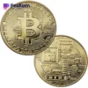 Una moneda física de bitcoin con la palabra "peakeen" bien visible en su superficie.