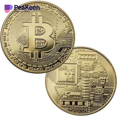 A physical bitcoin coin featuring the word "peakeen" prominently displayed on its surface.