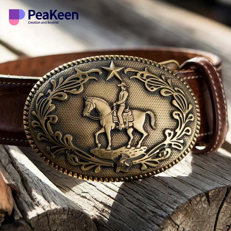 Brass belt buckle featuring an intricate design of a horse and rider, showcasing craftsmanship and equestrian themes.