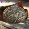 Brass belt buckle featuring an intricate horse and star design, showcasing craftsmanship and elegance.
