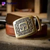 A brass belt featuring a logo-embellished buckle, showcasing a stylish and durable accessory.