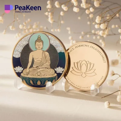 A Buddha coin displayed on a clear stand, showcasing its intricate design and craftsmanship.